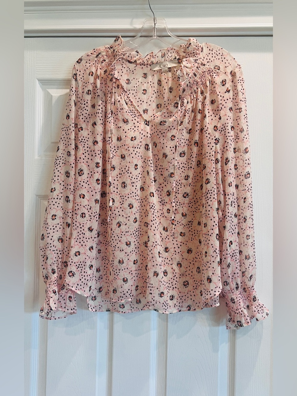 LOFT Blush Pink Floral Ruffle-Neck Blouse
